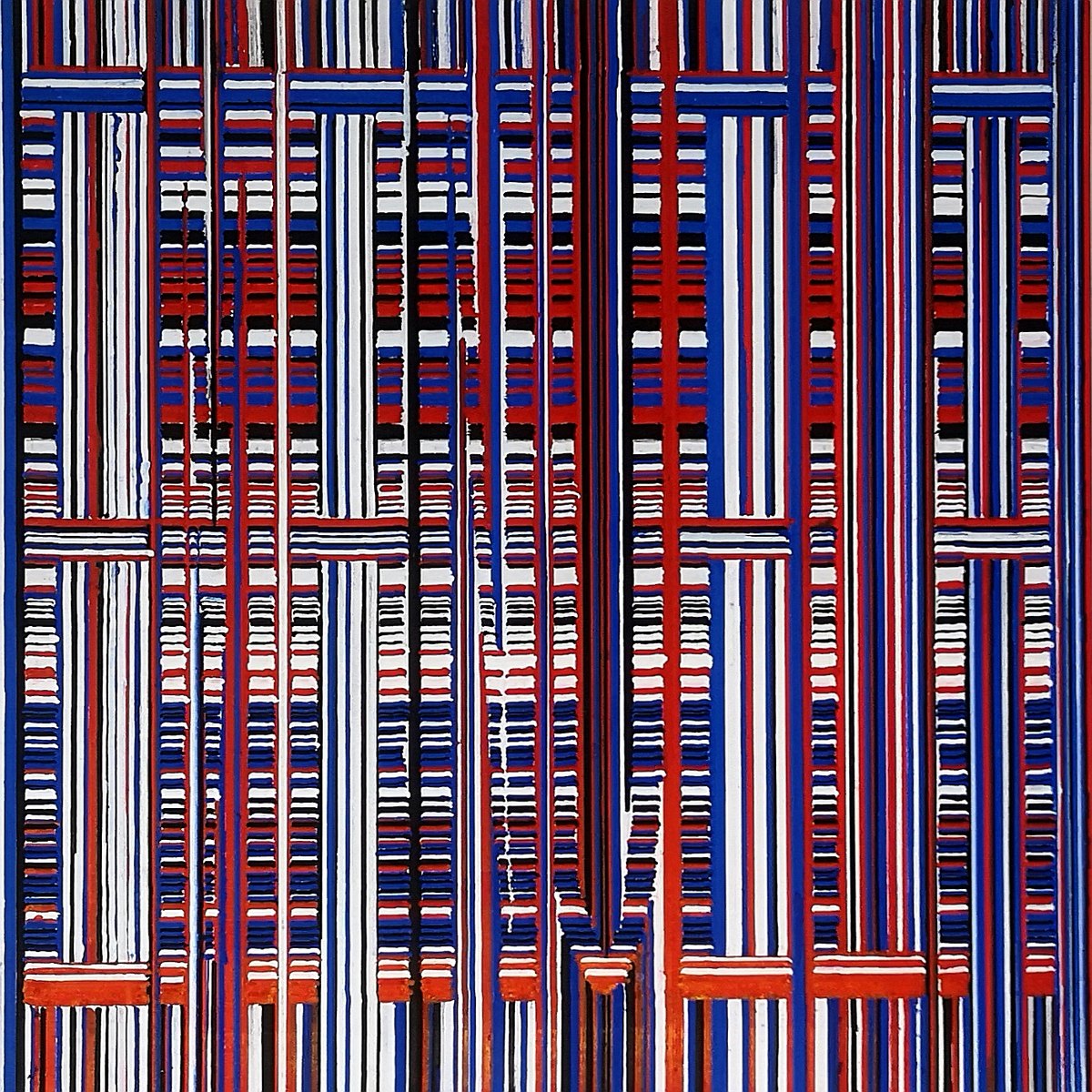 Blatt aus dem Berliner Album: senkrechte und waagerechte Streifenbündel in Blau, Rot, Weiß und Schwarz.