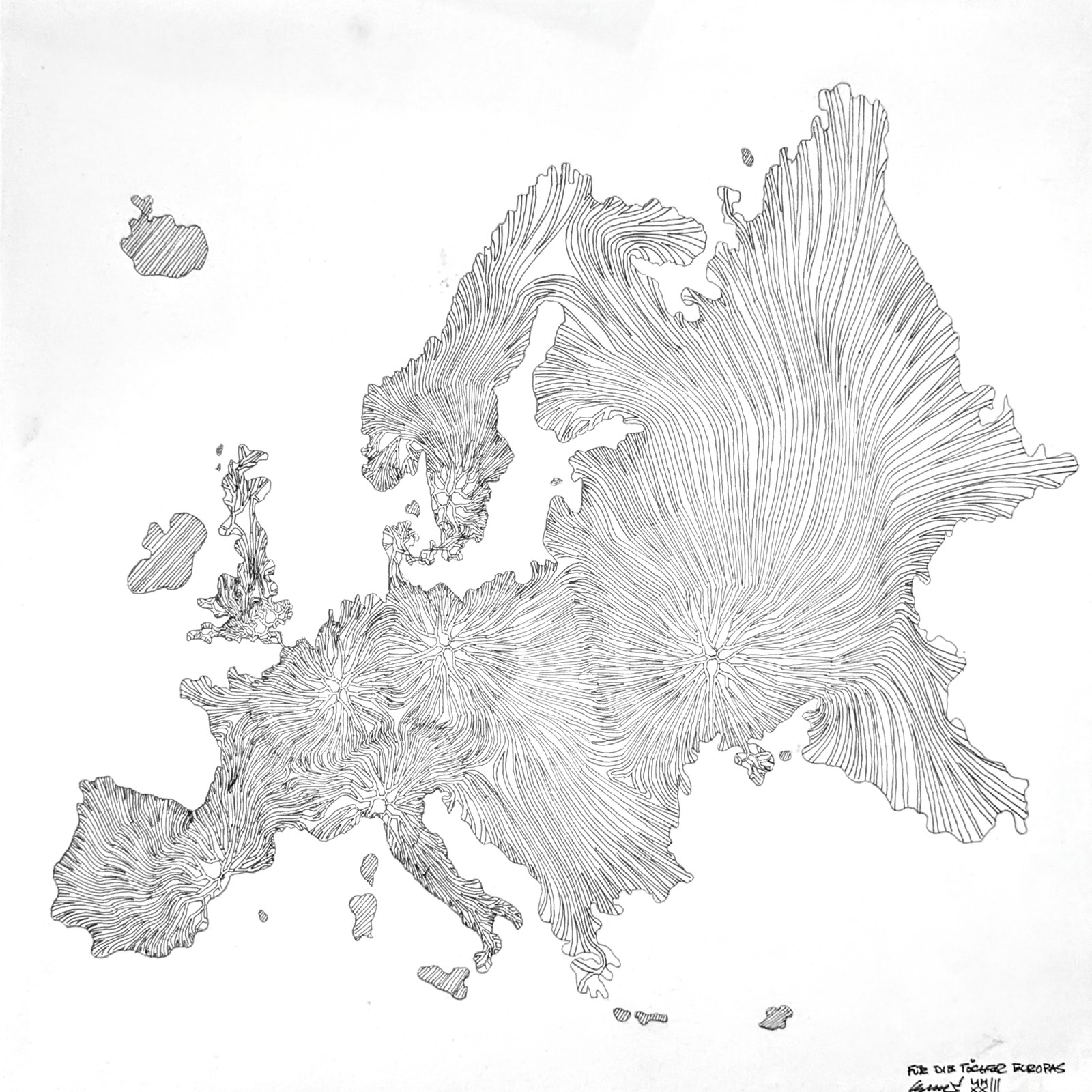 Der Umriss Europas, vollständig aus gestaffelten Linien aufgebaut; sie gehen von mehreren gesetzten Punkten aus, breiten sich über die Landmasse aus und enden an den Küsten.